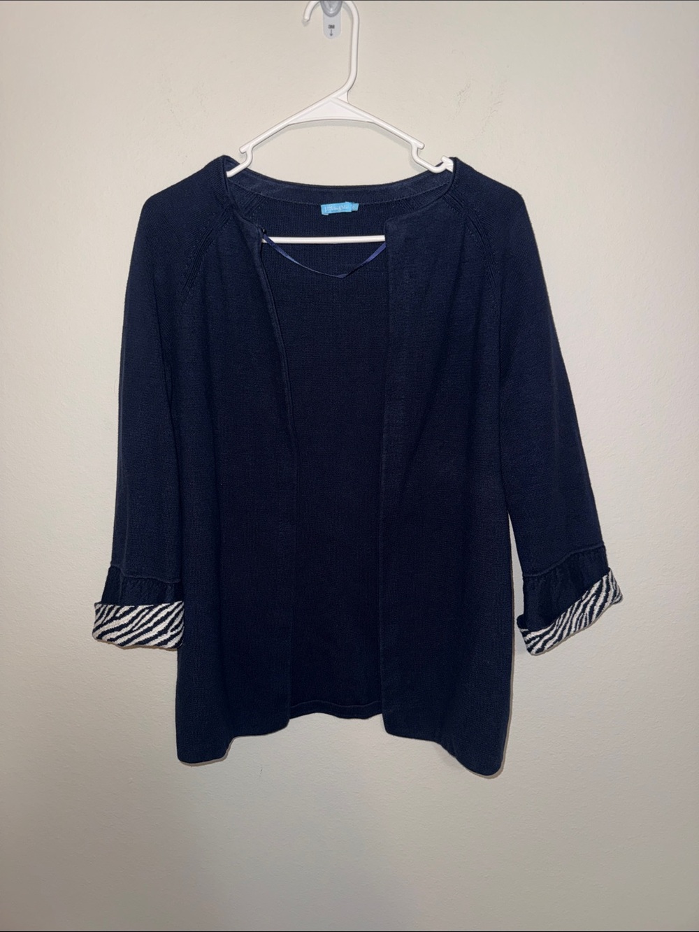 J McLaughlin Women's Navy Open-Front Cardigan with Zebra-Print Cuff XS